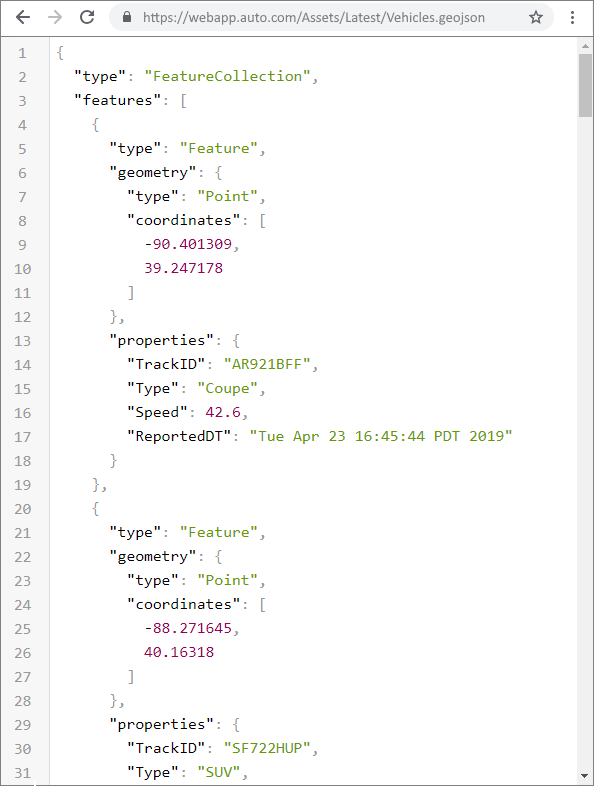 Event records organized as a part of a GeoJSON FeatureCollection